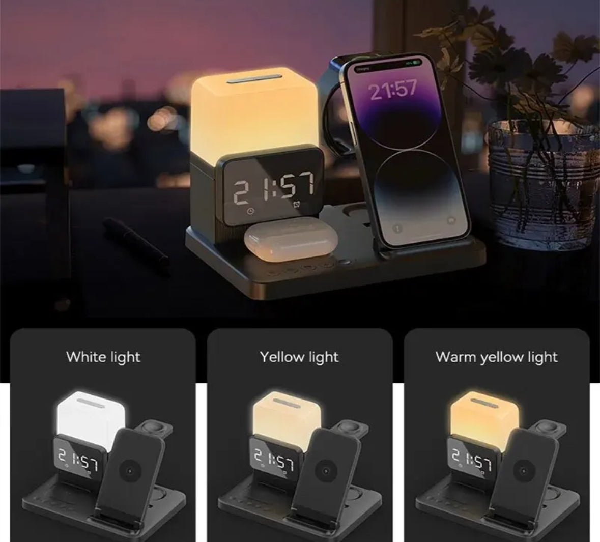 6-in-1 Ladestation mit Wireless Charging und Wecker