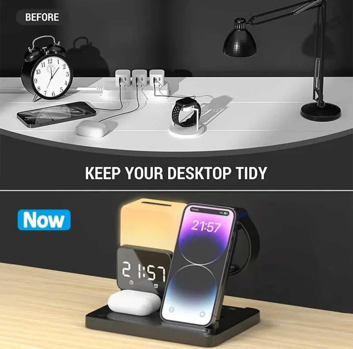 6-in-1 Ladestation mit Wireless Charging und Wecker