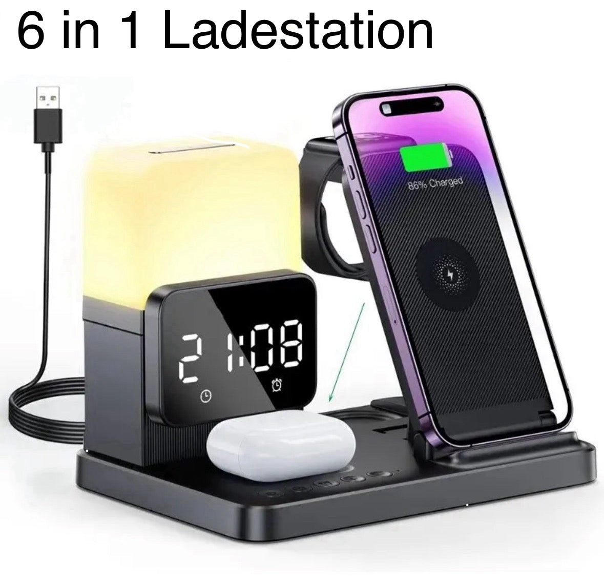 6-in-1 Ladestation mit Wireless Charging und Wecker