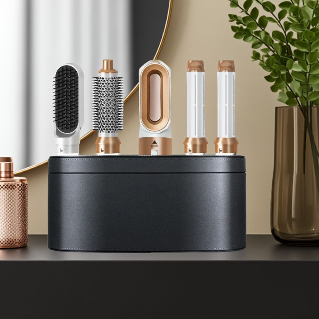 5-in-1 Heissluft-Haarkamm mit heisser/kalter Luft, 3 Temperaturstufen, USB – Styling-Tool für Locken & Glätten - Strombude.ch Weiss & Gold