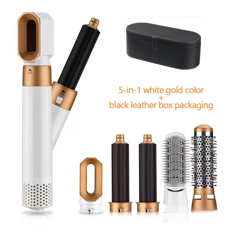 5-in-1 Heissluft-Haarkamm mit heisser/kalter Luft, 3 Temperaturstufen, USB – Styling-Tool für Locken & Glätten - Strombude.ch Weiss & Gold