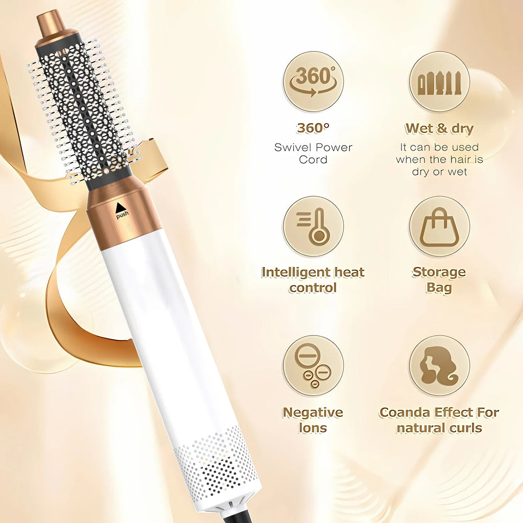 5-in-1 Heissluft-Haarkamm mit heisser/kalter Luft, 3 Temperaturstufen, USB – Styling-Tool für Locken & Glätten - Strombude.ch Weiss & Gold