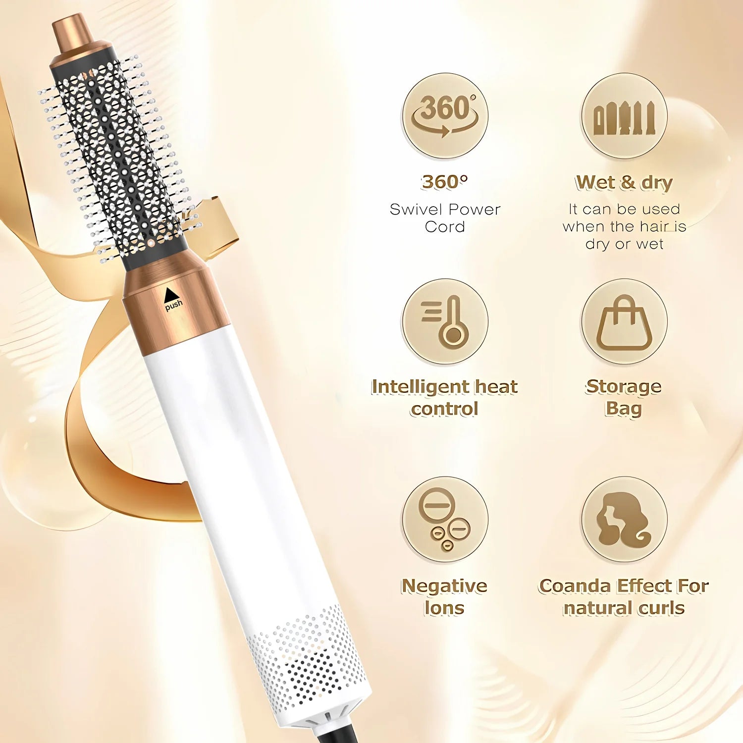 5-in-1 Heissluft-Haarkamm mit heisser/kalter Luft, 3 Temperaturstufen, USB – Styling-Tool für Locken & Glätten - Strombude.ch Weiss & Gold