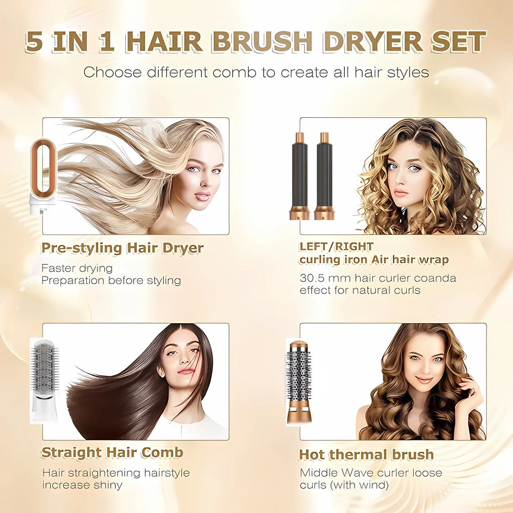5-in-1 Heissluft-Haarkamm mit heisser/kalter Luft, 3 Temperaturstufen, USB – Styling-Tool für Locken & Glätten - Strombude.ch Weiss & Gold