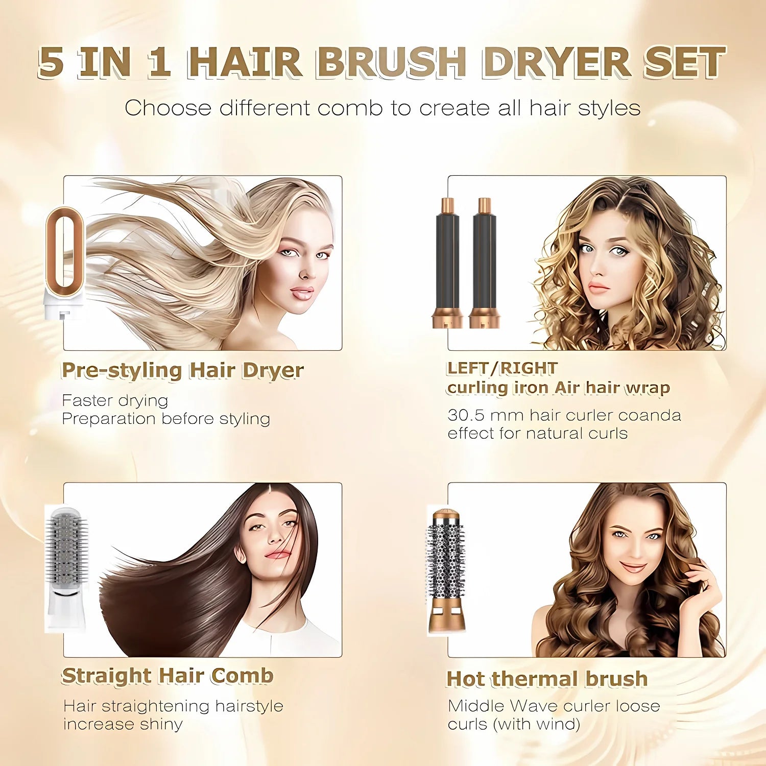 5-in-1 Heissluft-Haarkamm mit heisser/kalter Luft, 3 Temperaturstufen, USB – Styling-Tool für Locken & Glätten - Strombude.ch Weiss & Gold